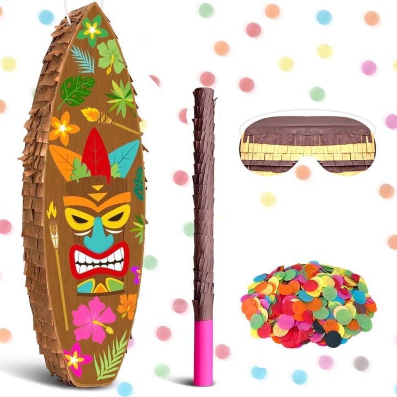 Tiki Piñata Surfboard Pinata Tropical Pinatas Hawaiian Luau Pinatas with Stick Blindfold Confetti
